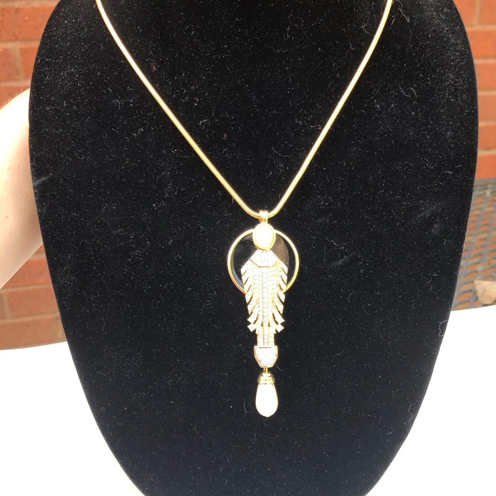 Bold Elegance Hold Tone Necklace Black Pearl CZ